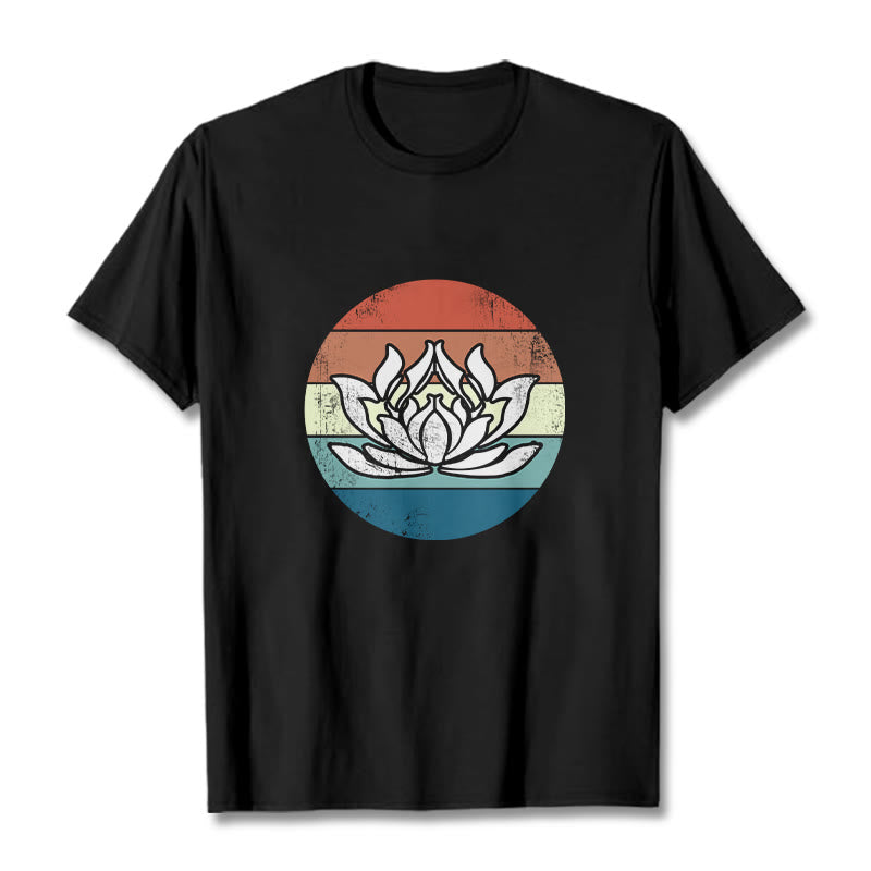 Buddha Stones Blooming Lotus Colorful Striped Pattern Cotton Tee T-shirt - Black - 2XL - image 1