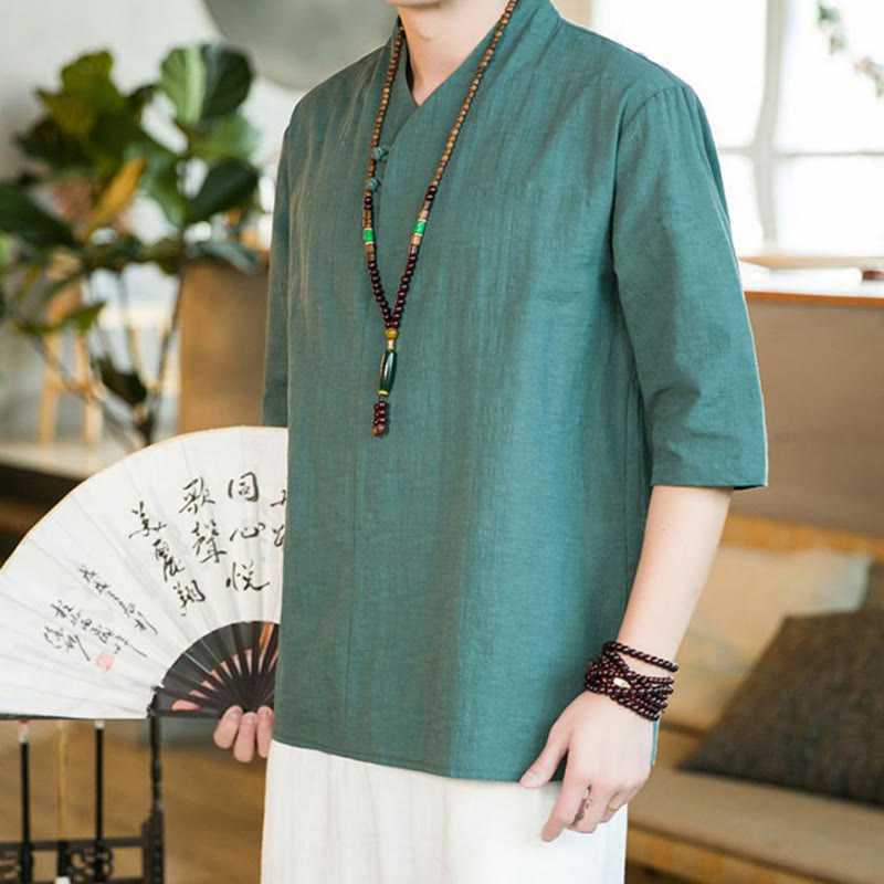 Buddha Stones Summer Vintage Solid Color Frog-Button Design Men's Cotton Three Quarter Sleeve Shirt - DarkCyan - US/UK/AU46，EU56 (5XL) - image 0