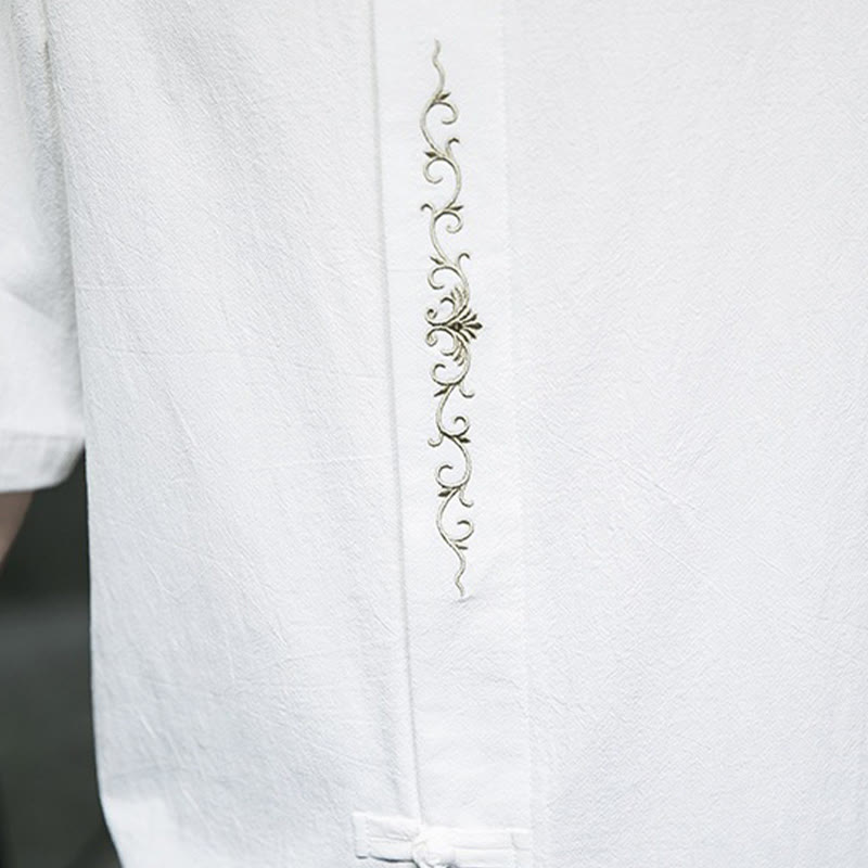 Buddha Stones Casual Solid Color Frog-Button Embroidery Men's Cotton Linen Shirt Cardigan - image 31