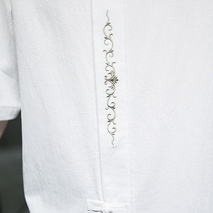 Buddha Stones Casual Solid Color Frog-Button Embroidery Men's Cotton Linen Shirt Cardigan - image 31