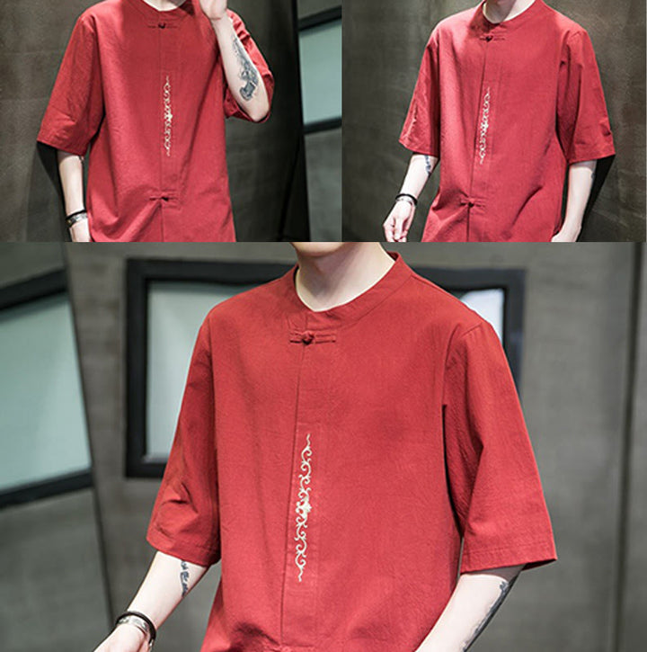 Buddha Stones Casual Solid Color Frog-Button Embroidery Men's Cotton Linen Shirt Cardigan - image 16
