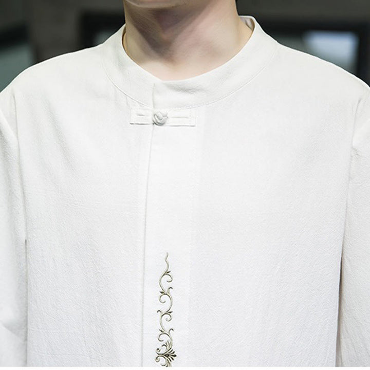 Buddha Stones Casual Solid Color Frog-Button Embroidery Men's Cotton Linen Shirt Cardigan - image 30