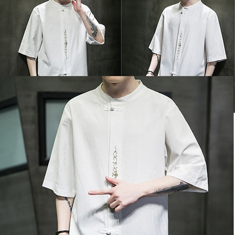 Buddha Stones Casual Solid Color Frog-Button Embroidery Men's Cotton Linen Shirt Cardigan - image 32