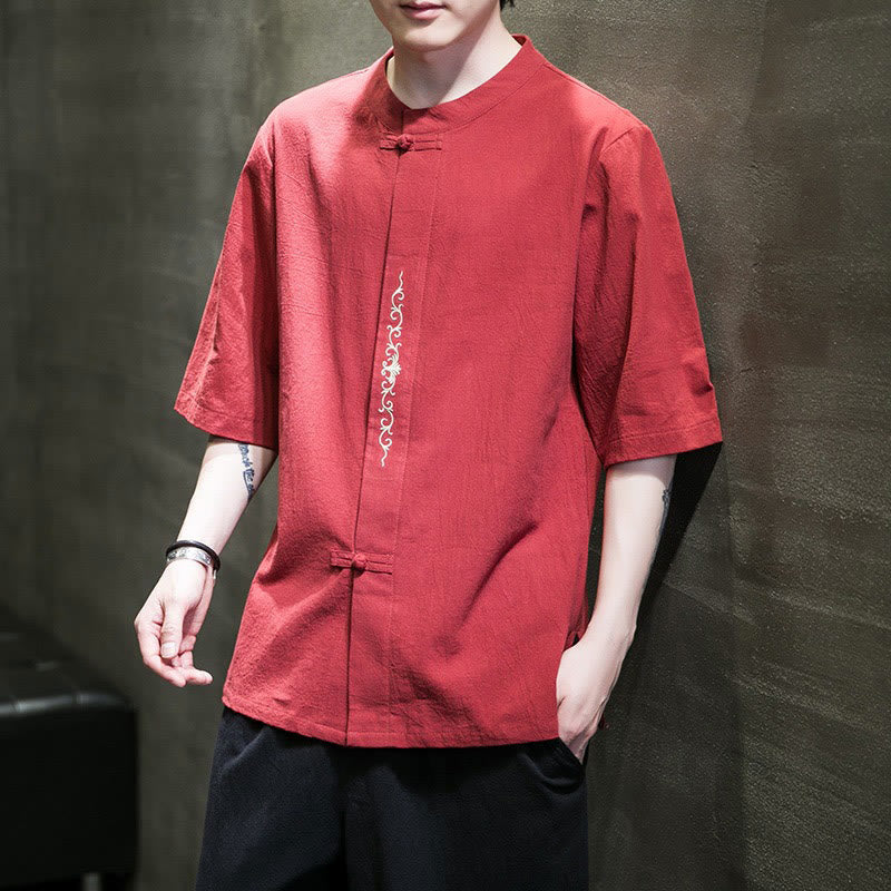 Buddha Stones Casual Solid Color Frog-Button Embroidery Men's Cotton Linen Shirt Cardigan - Red - US/UK/AU46，EU56 (5XL) - image 9