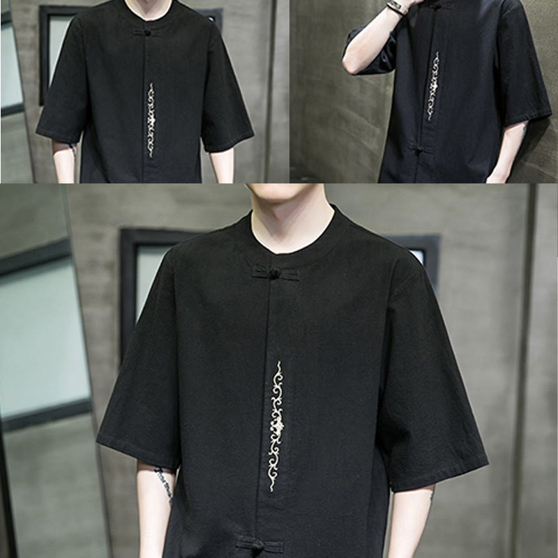 Buddha Stones Casual Solid Color Frog-Button Embroidery Men's Cotton Linen Shirt Cardigan - image 24