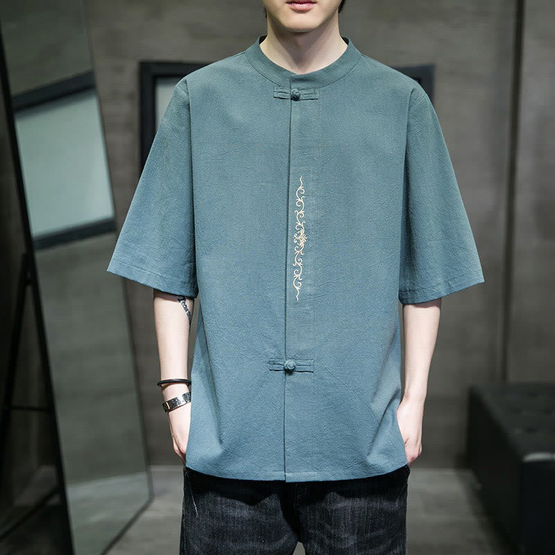 Buddha Stones Casual Solid Color Frog-Button Embroidery Men's Cotton Linen Shirt - image 2