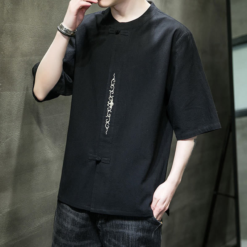 Buddha Stones Casual Solid Color Frog-Button Embroidery Men's Cotton Linen Shirt Cardigan - image 20