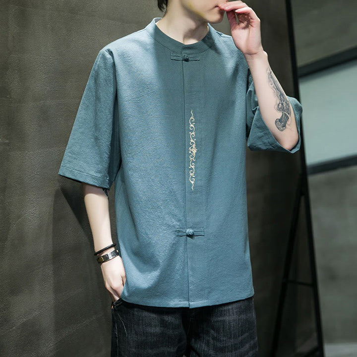 Buddha Stones Casual Solid Color Frog-Button Embroidery Men's Cotton Linen Shirt Cardigan - image 6