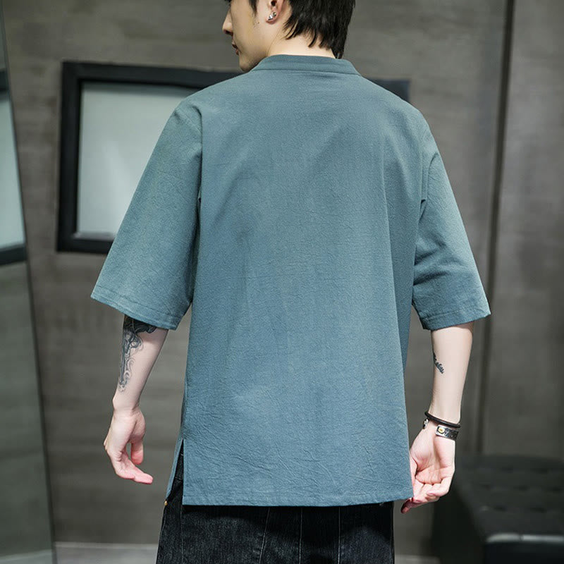 Buddha Stones Casual Solid Color Frog-Button Embroidery Men's Cotton Linen Shirt Cardigan - image 3