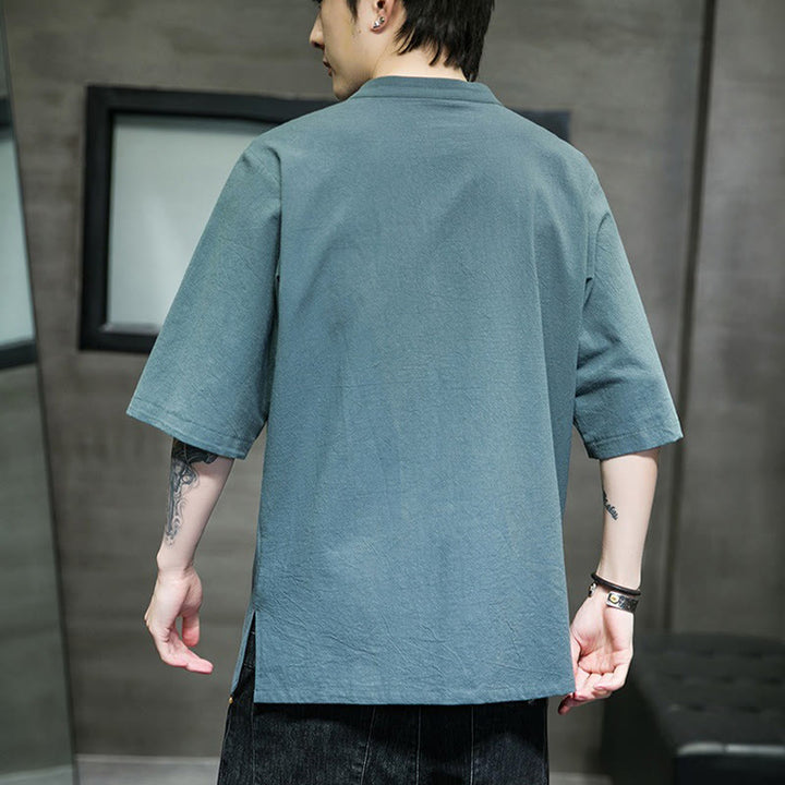 Buddha Stones Casual Solid Color Frog-Button Embroidery Men's Cotton Linen Shirt Cardigan - image 3