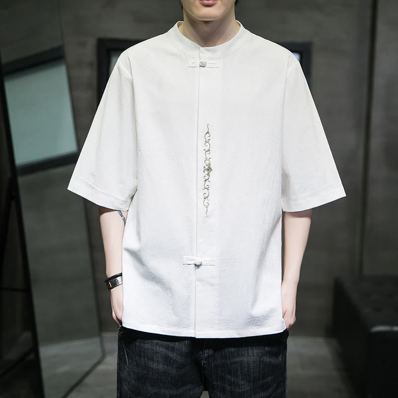 Buddha Stones Casual Solid Color Frog-Button Embroidery Men's Cotton Linen Shirt Cardigan - White - US/UK/AU46，EU56 (5XL) - image 25