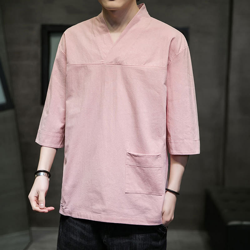 Buddha Stones Summer Casual Simple V-Neck Design Men's Cotton Linen Three Quarter Sleeve T-Shirt With Front Pocket - image 10