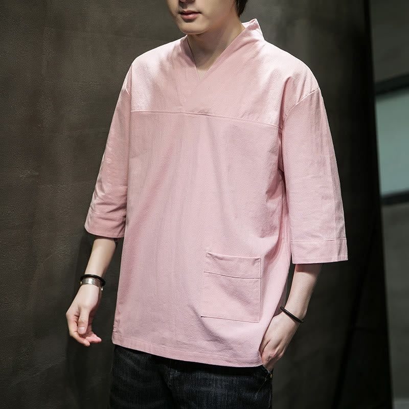 Buddha Stones Summer Casual Simple V-Neck Design Men's Cotton Linen Three Quarter Sleeve T-Shirt With Front Pocket - Pink - US/UK/AU46，EU56 (5XL) - image 9