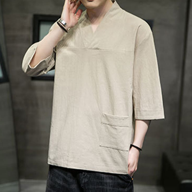 Buddha Stones Summer Casual Simple V-Neck Design Men's Cotton Linen Three Quarter Sleeve T-Shirt With Front Pocket - image 4