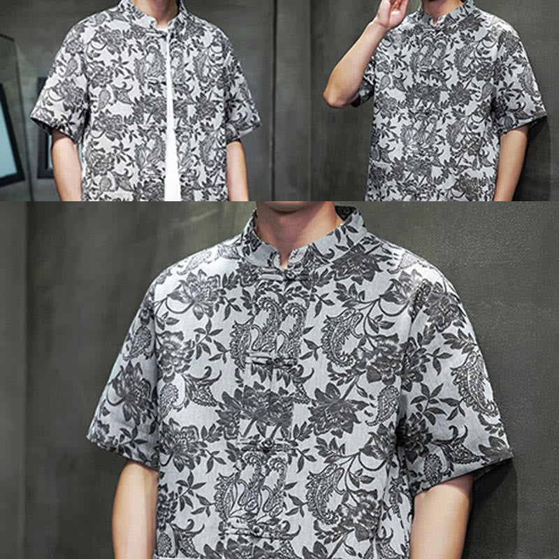 Buddha Stones Casual Jacquard Paisley Flower Plant Pattern Frog-Button Design Men's Cotton Shirt Cardigan With Pockets