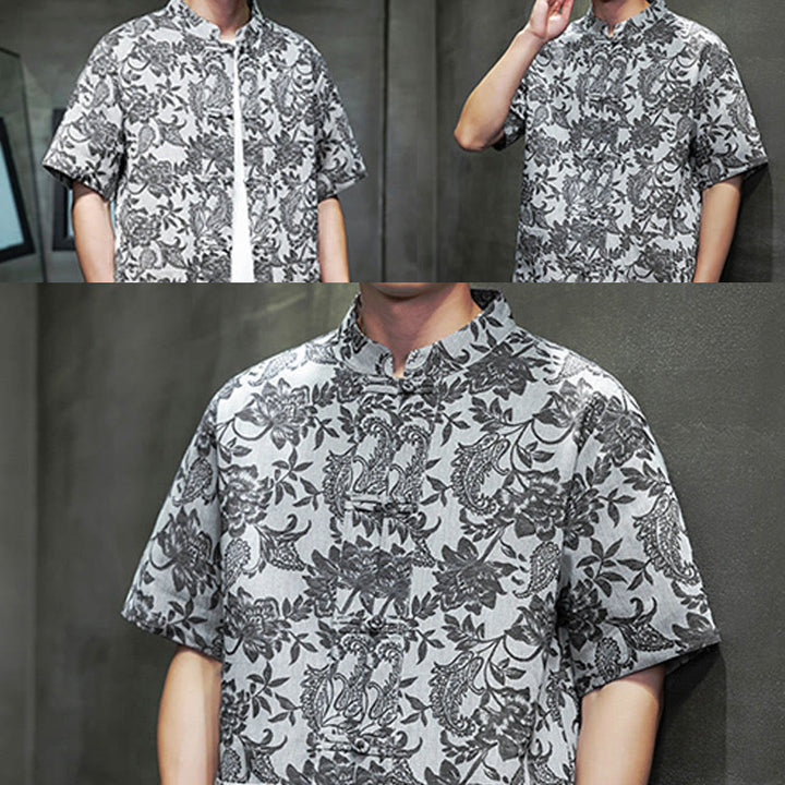 Buddha Stones Casual Jacquard Paisley Flower Plant Pattern Frog-Button Design Men's Cotton Shirt Cardigan With Pockets