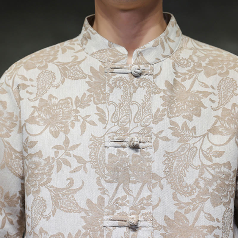 Buddha Stones Casual Jacquard Paisley Flower Plant Pattern Frog-Button Design Men's Cotton Shirt Cardigan With Pockets