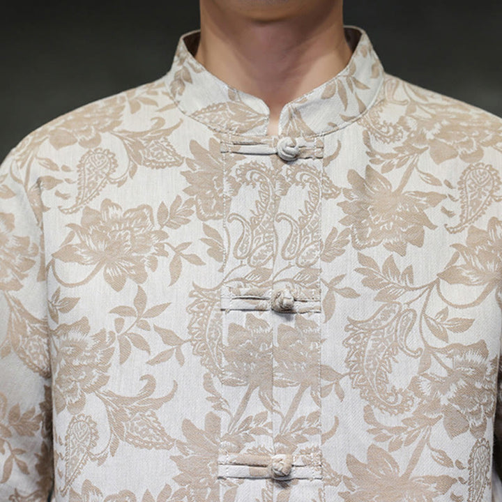 Buddha Stones Casual Jacquard Paisley Flower Plant Pattern Frog-Button Design Men's Cotton Shirt Cardigan With Pockets