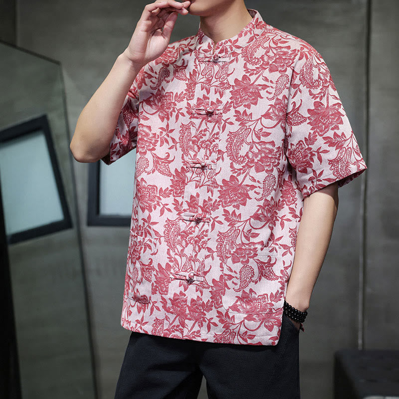 Buddha Stones Casual Jacquard Paisley Flower Plant Pattern Frog-Button Design Men's Cotton Shirt Cardigan With Pockets - image 3