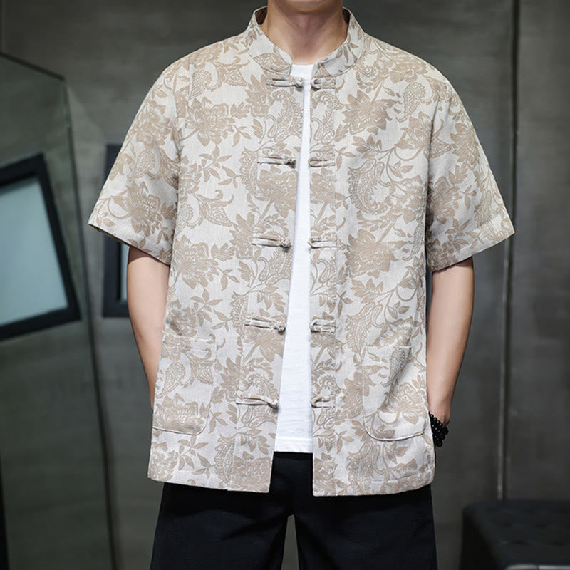 Buddha Stones Casual Jacquard Paisley Flower Plant Pattern Frog-Button Design Men's Cotton Shirt Cardigan With Pockets