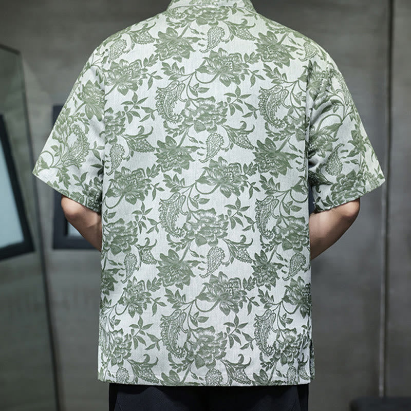 Buddha Stones Casual Jacquard Paisley Flower Plant Pattern Frog-Button Design Men's Cotton Shirt Cardigan With Pockets