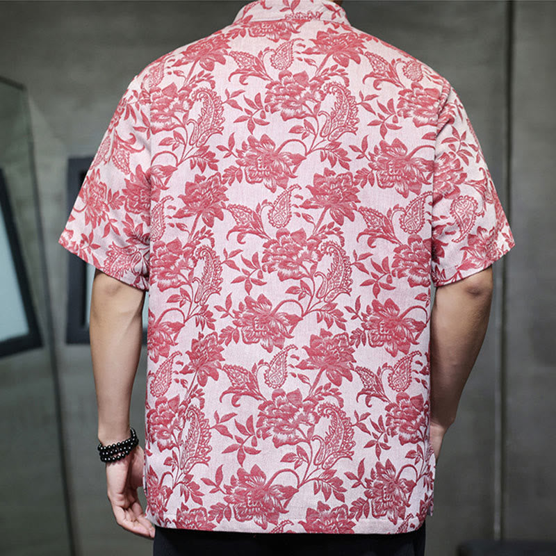 Buddha Stones Casual Jacquard Paisley Flower Plant Pattern Frog-Button Design Men's Cotton Shirt Cardigan With Pockets