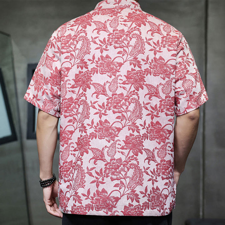 Buddha Stones Casual Jacquard Paisley Flower Plant Pattern Frog-Button Design Men's Cotton Shirt Cardigan With Pockets