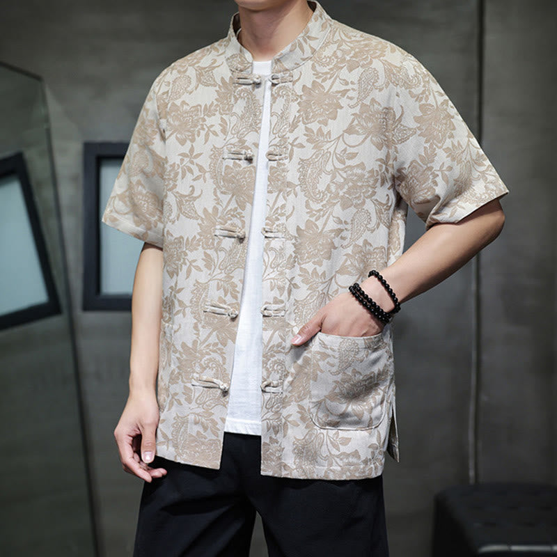 Buddha Stones Casual Jacquard Paisley Flower Plant Pattern Frog-Button Design Men's Cotton Shirt Cardigan With Pockets