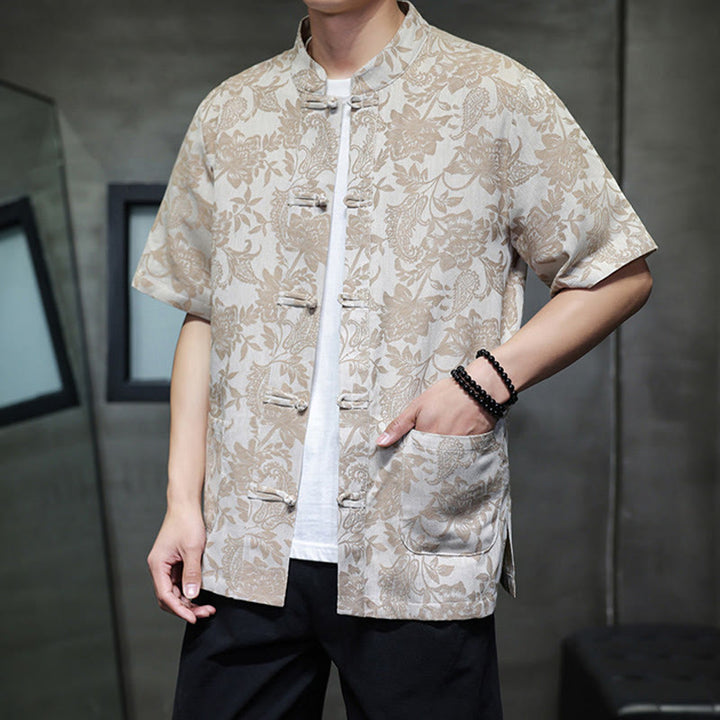 Buddha Stones Casual Jacquard Paisley Flower Plant Pattern Frog-Button Design Men's Cotton Shirt Cardigan With Pockets