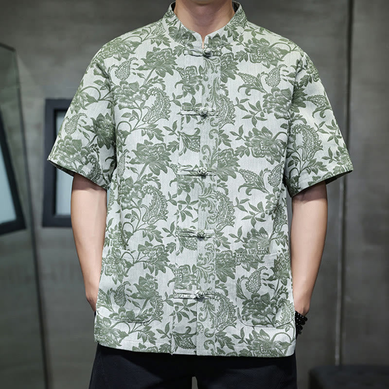 Buddha Stones Casual Jacquard Paisley Flower Plant Pattern Frog-Button Design Men's Cotton Shirt Cardigan With Pockets