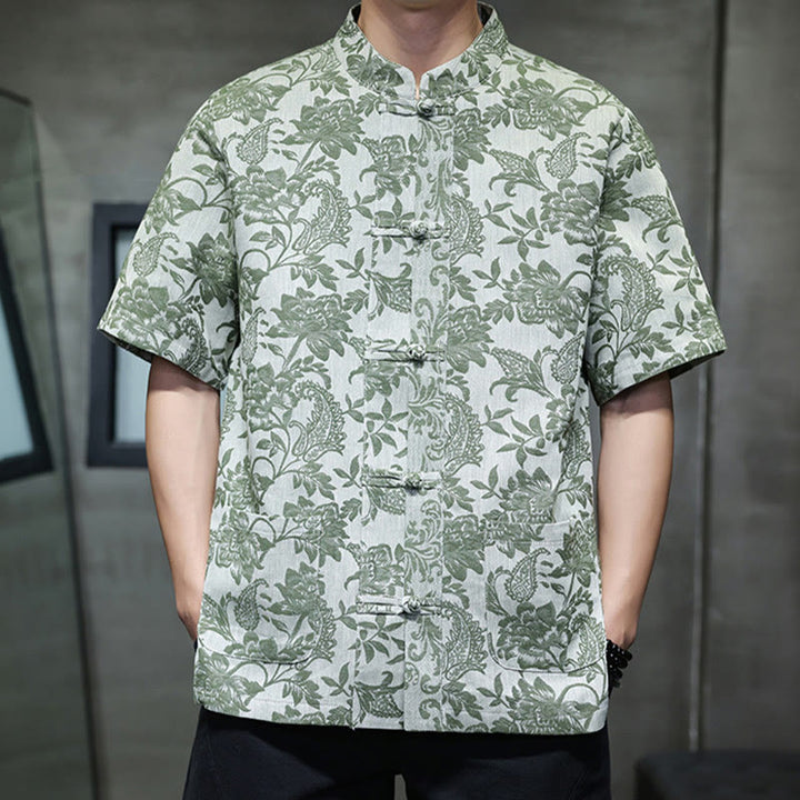 Buddha Stones Casual Jacquard Paisley Flower Plant Pattern Frog-Button Design Men's Cotton Shirt Cardigan With Pockets
