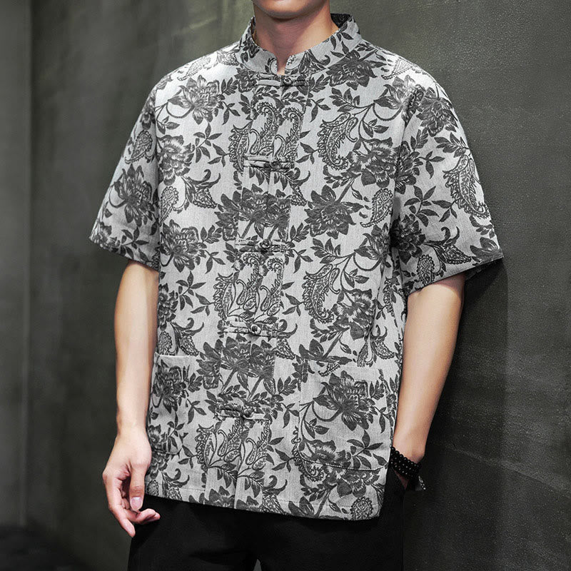 Buddha Stones Casual Jacquard Paisley Flower Plant Pattern Frog-Button Design Men's Cotton Shirt Cardigan With Pockets - DimGray - US/UK/AU44，EU54 (4XL) - image 21