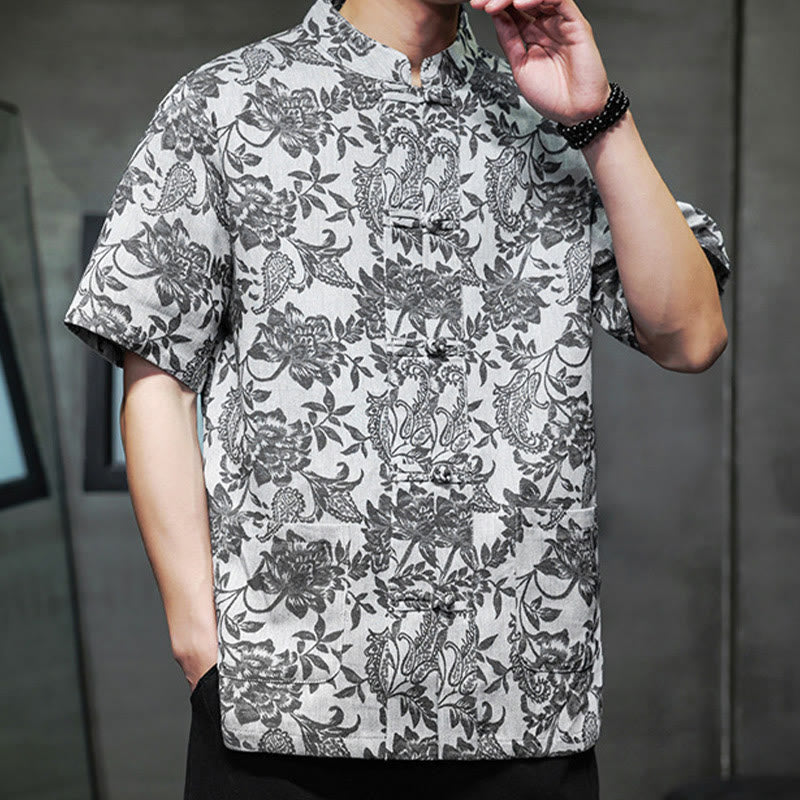 Buddha Stones Casual Jacquard Paisley Flower Plant Pattern Frog-Button Design Men's Cotton Shirt Cardigan With Pockets