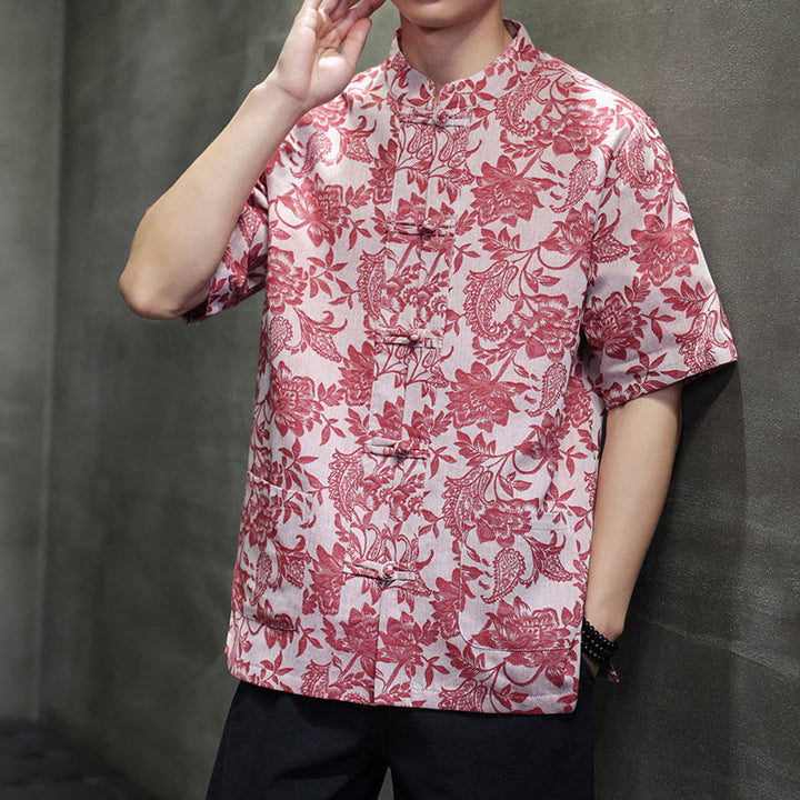 Buddha Stones Casual Jacquard Paisley Flower Plant Pattern Frog-Button Design Men's Cotton Shirt Cardigan With Pockets - image 1