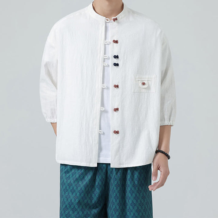 Buddha Stones Summer Frog-Button Front Stand Collar Men's Three Quarter Sleeve Cotton Shirt Cardigan With Pocket - image 2