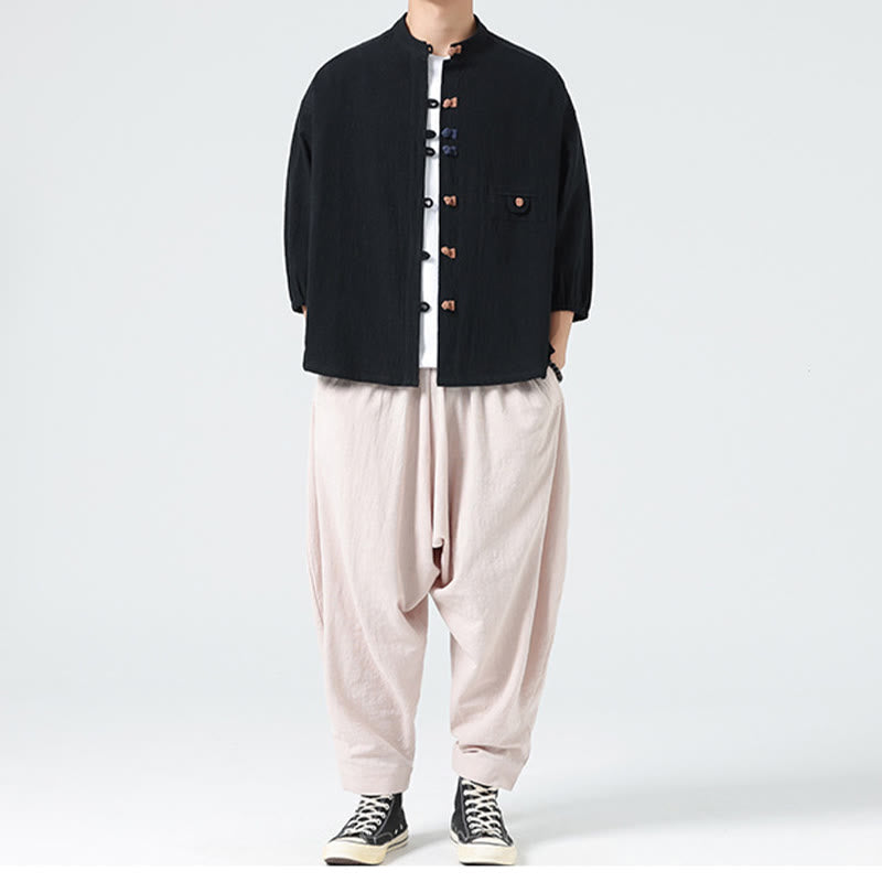 Buddha Stones Summer Frog-Button Front Stand Collar Men's Three Quarter Sleeve Cotton Shirt Cardigan With Pocket - image 17