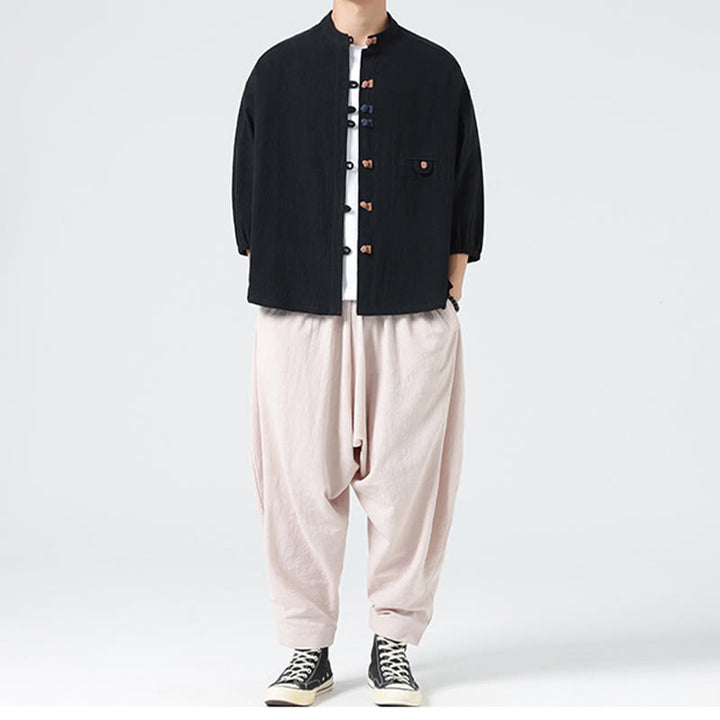 Buddha Stones Summer Frog-Button Front Stand Collar Men's Three Quarter Sleeve Cotton Shirt Cardigan With Pocket - image 17