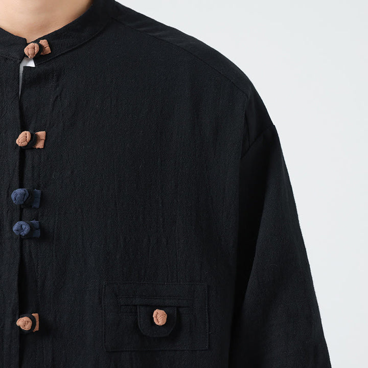 Buddha Stones Summer Frog-Button Front Stand Collar Men's Three Quarter Sleeve Cotton Shirt Cardigan With Pocket