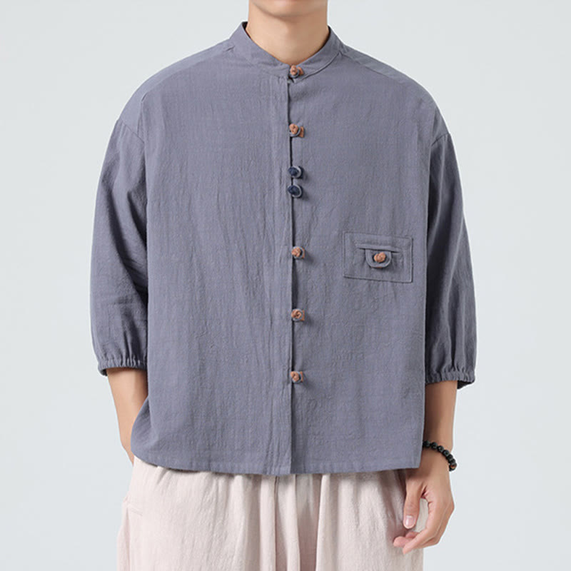 Buddha Stones Summer Frog-Button Front Stand Collar Men's Three Quarter Sleeve Cotton Shirt Cardigan With Pocket