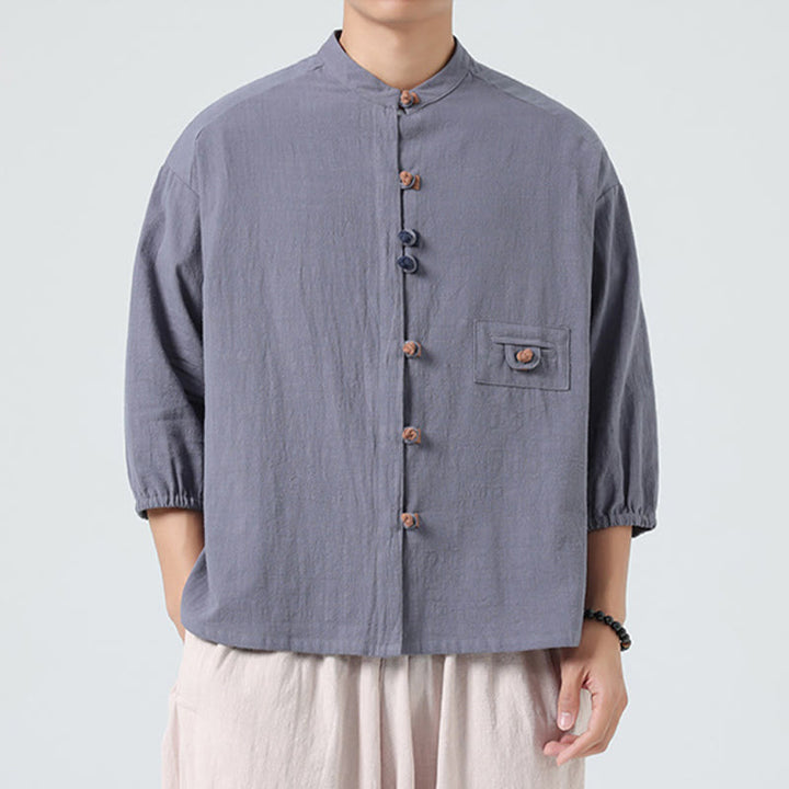 Buddha Stones Summer Frog-Button Front Stand Collar Men's Three Quarter Sleeve Cotton Shirt Cardigan With Pocket