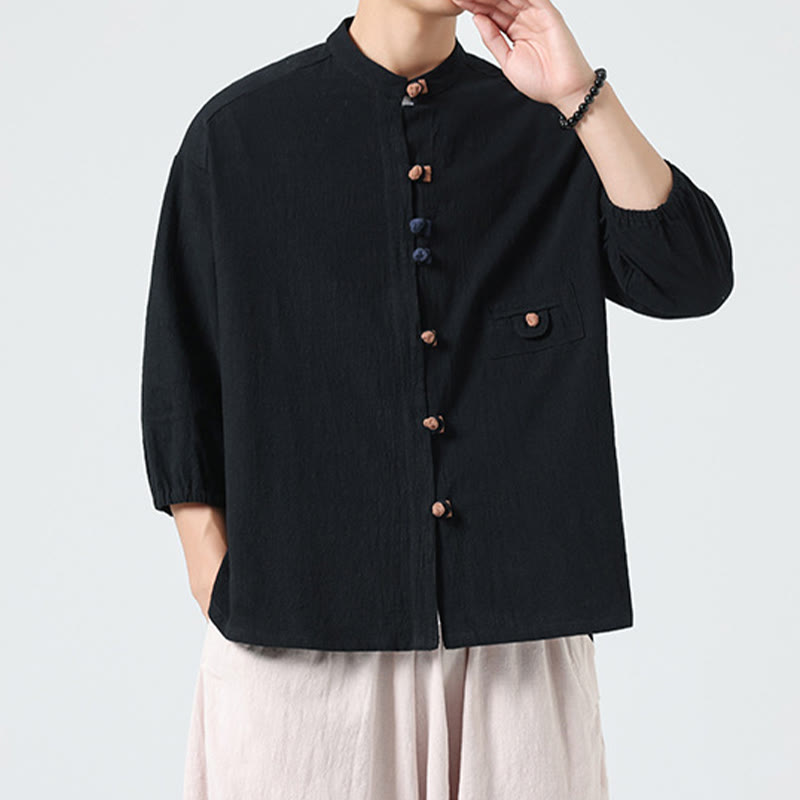 Buddha Stones Summer Frog-Button Front Stand Collar Men's Three Quarter Sleeve Cotton Shirt With Pocket - image 16