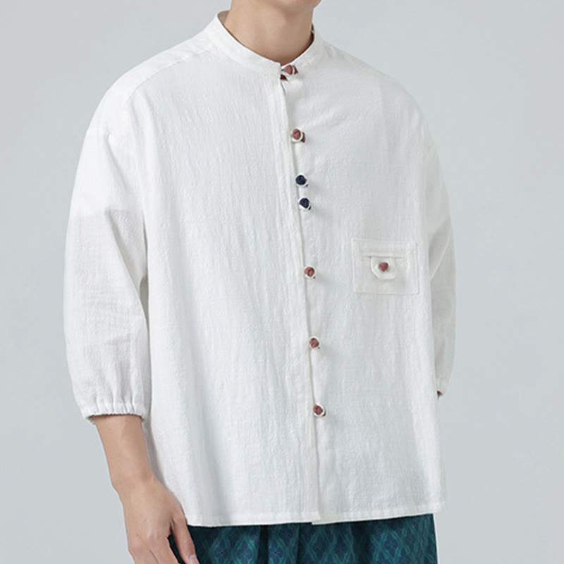 Buddha Stones Summer Frog-Button Front Stand Collar Men's Three Quarter Sleeve Cotton Shirt Cardigan With Pocket
