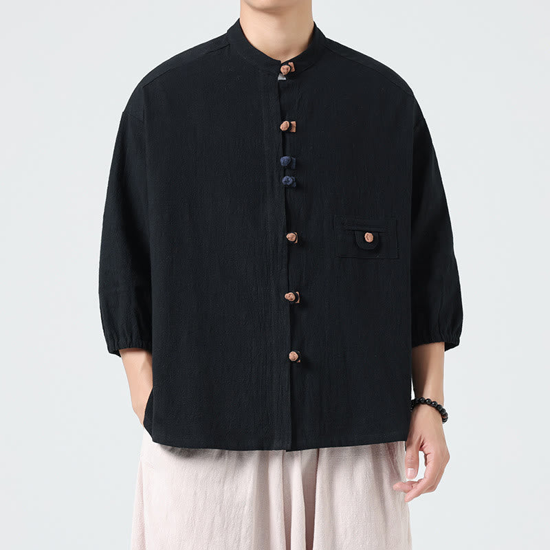 Buddha Stones Summer Frog-Button Front Stand Collar Men's Three Quarter Sleeve Cotton Shirt Cardigan With Pocket