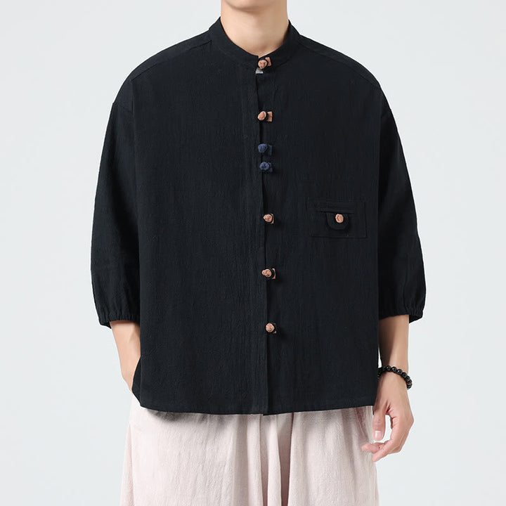 Buddha Stones Summer Frog-Button Front Stand Collar Men's Three Quarter Sleeve Cotton Shirt Cardigan With Pocket