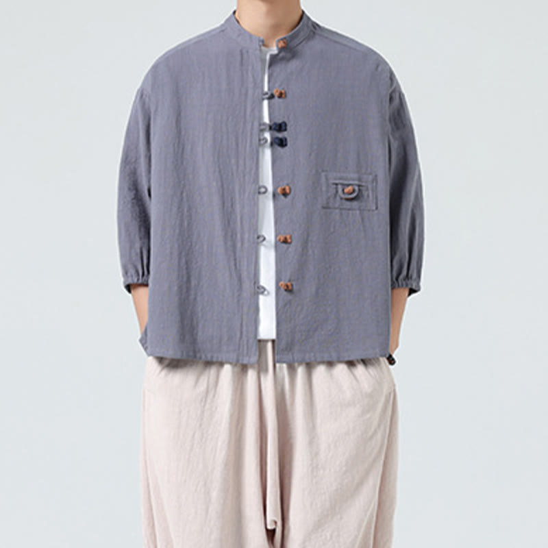 Buddha Stones Summer Frog-Button Front Stand Collar Men's Three Quarter Sleeve Cotton Shirt Cardigan With Pocket