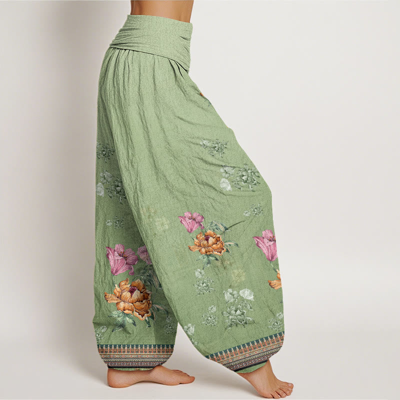 Buddha Stones Cotton Casual Plant Peony Petals Pattern Women's Elastic Waist Harem Pants - image 1