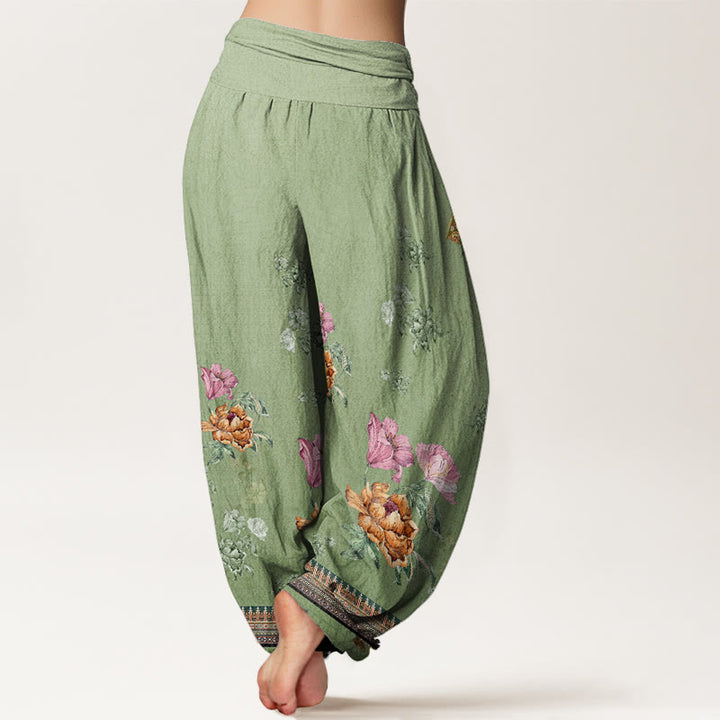 Buddha Stones Cotton Casual Plant Peony Petals Pattern Women's Elastic Waist Harem Pants - image 2