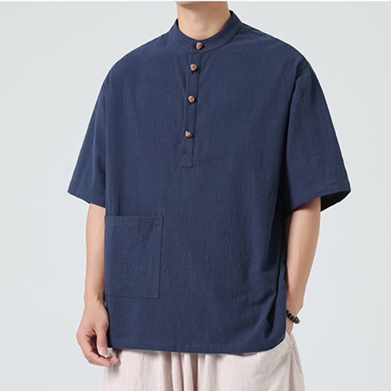 Buddha Stones Casual Half Frog-Button Design Stand Collar Tang Suit Men's Half Sleeve Cotton Shirt With Pocket