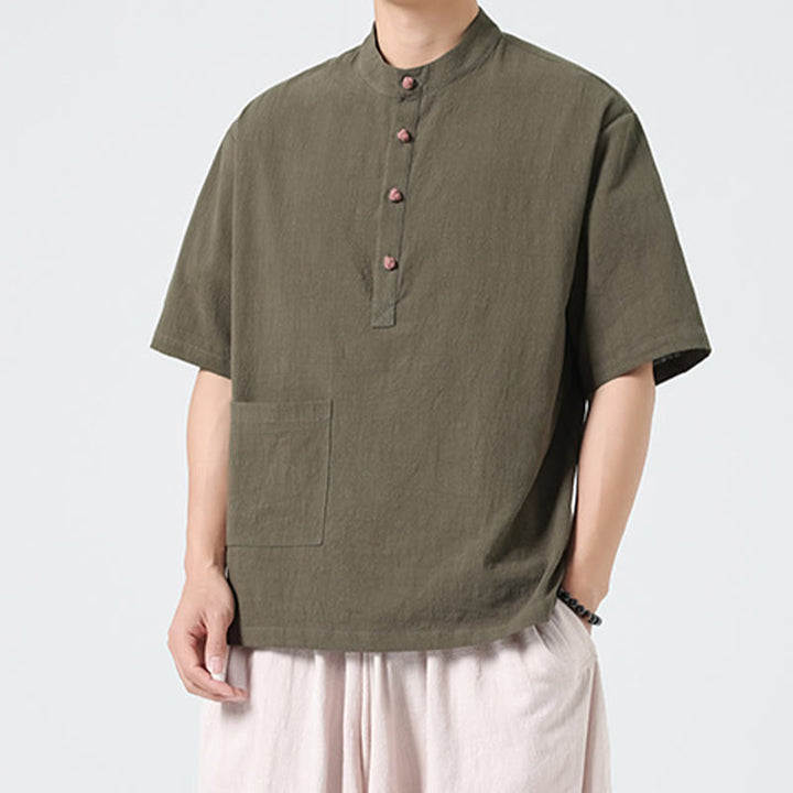 Buddha Stones Casual Half Frog-Button Design Stand Collar Tang Suit Men's Half Sleeve Cotton Shirt With Pocket