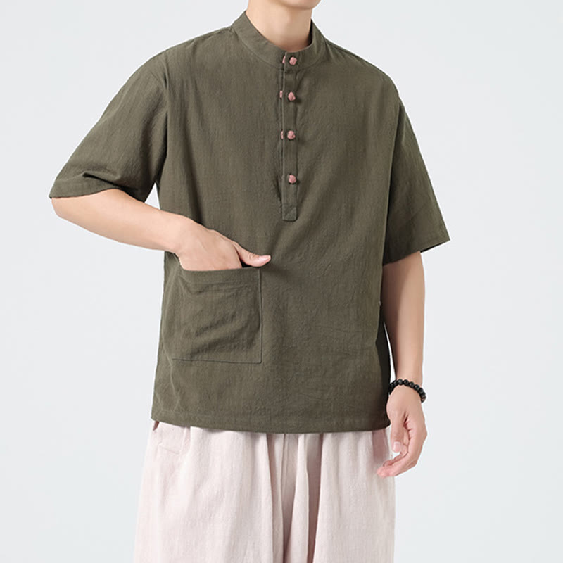 Buddha Stones Casual Half Frog-Button Design Stand Collar Tang Suit Men's Half Sleeve Cotton Shirt With Pocket - OliveDrab - US/UK/AU46，EU56 (5XL) - image 21